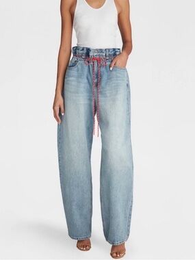 New KBB barrel leg paper bag Wide Leg Light Blue Tie-Waist Jeans - Women me